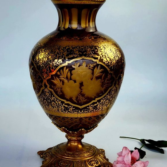 Vintage French Cut-Glass & Brass Vase - 22K Gold Etching - 14" Tall